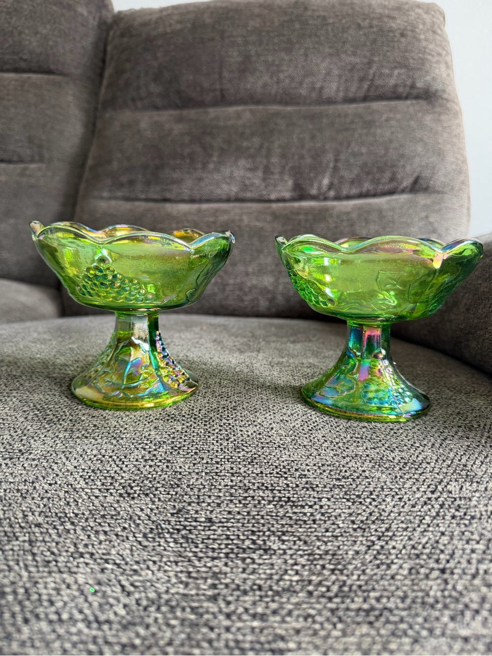 Iridescent Green Carnival Glass Candle Holders - set of 2